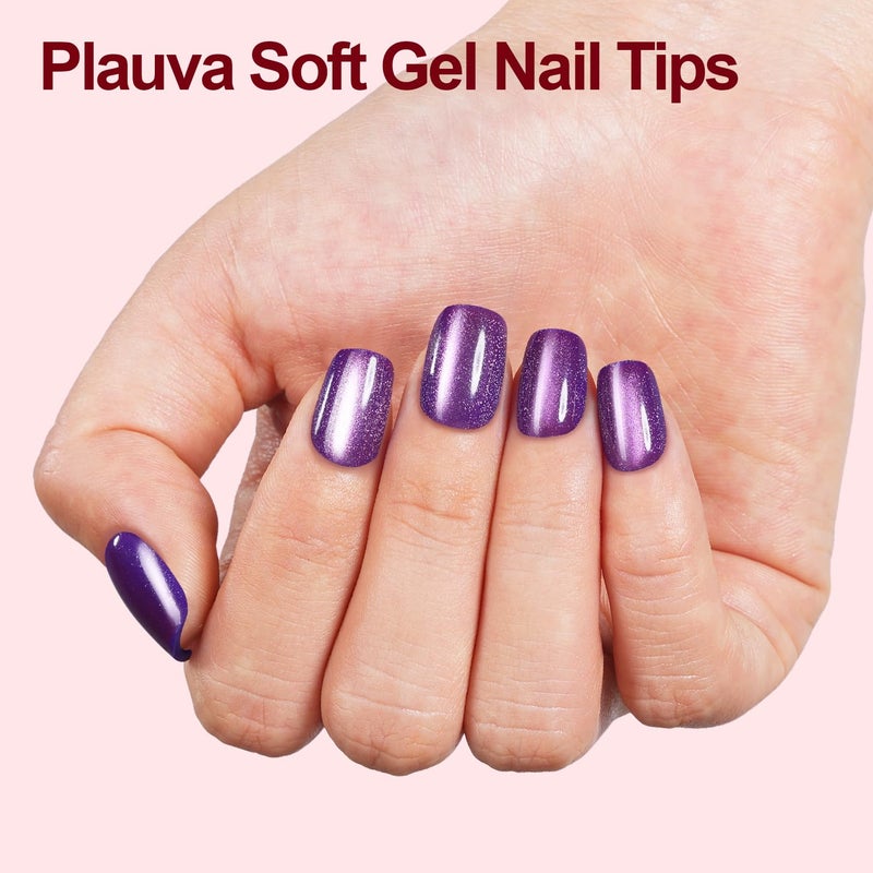 Plauva Cat Eye Press on Nails Short Square, 300Pcs Soft Gel Fake Nails, Glossy Glitter Cat Eye Nail Tips for Women and Girls Stick On Nails in 15 Sizes - Image 3